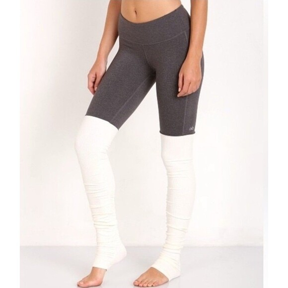 Alo Yoga Goddess Leggings Women's Size XS Gray White Compression Ribbed Logo EUC - Picture 1 of 9